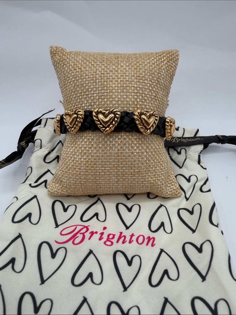 Brighton Bandit Black Braided Leather Bracelet with Gold Heart Charms
